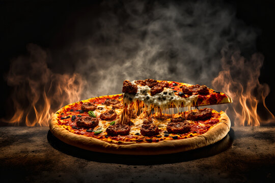 Pizza with smoke and fire effects in the background