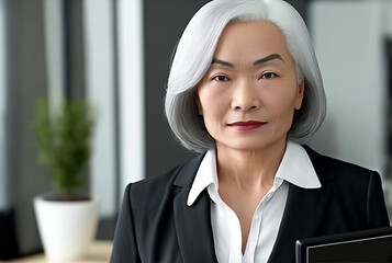 Generative ai senior asiatic grey hair businesswoman posing looking camera serious and professional