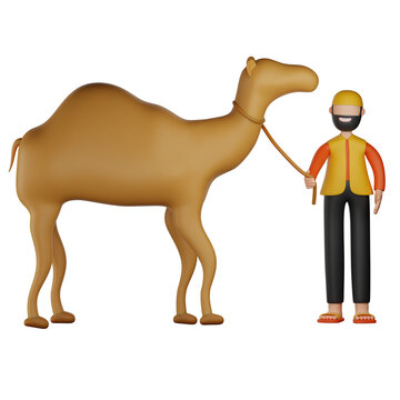 3d illustration muslim man holding camel to celebrate eid al adha isolated