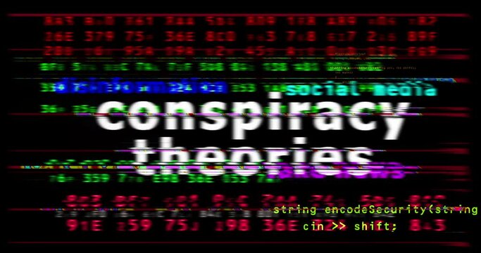 Conspiracy theories media and abstract screen 3d seamless looped. Fly between glitch and noise text concept of disinformation, fake news, hoax, false information and propaganda.