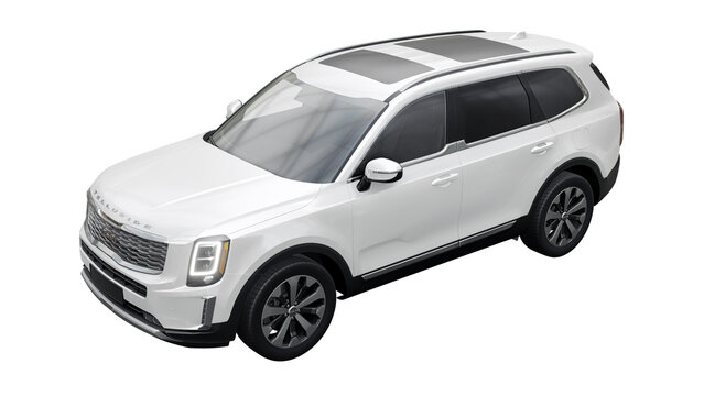 Dallas, USA. December 25, 2022. KIA Telluride 2020. White mid-size SUV for family and work on a white background. 3d rendering.