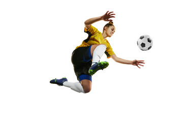 Bottom view. Young woman, professional female football, soccer player in motion, training, playing isolated over white background