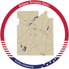 Map of Covington county in Alabama, USA arranged in a circle.