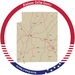 Map of Coffee county in Alabama, USA arranged in a circle.