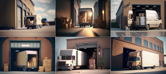Fototapeta A delivery van is parked at the warehouse, loaded with cardboard boxes. A truck delivering orders, purchases. 3d illustration obraz