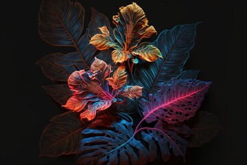 colorful tropical floral bouquet neon design on dark background