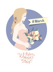 8 march. Happy Women Day. Girl with a bouquet of flowers in round frame. Vector flat illustration