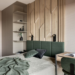 Cozy bedroom with stylish wooden wall
