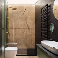 Elegant bathroom with wooden style tiles in shower