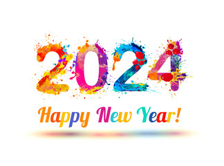 Congratulation card. Happy New Year 2024. Splash paint letters