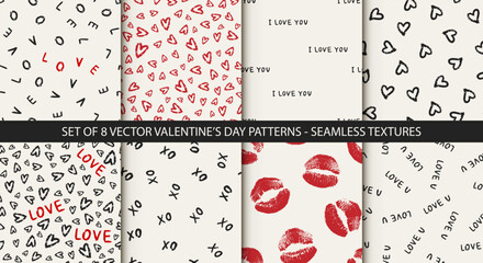 Set of 8 different seamless patterns. Romantic red backgrounds for Valentine's or wedding day. Endless texture for wallpaper, web page, wrapping paper and etc. Hand drawn love style.