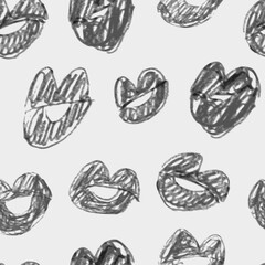 Seamless vector pattern lipstick kiss in pencil hand drawn style on white background. Vector flat illustration for design. Printing of the lips.
