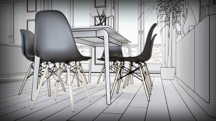 Minimalist sketch drawing dining room design 3d interior rendering.