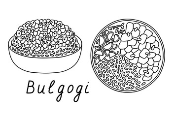 Bulgogi Korean dish, vector outline set with lettering. Rice, meat, cucumbers