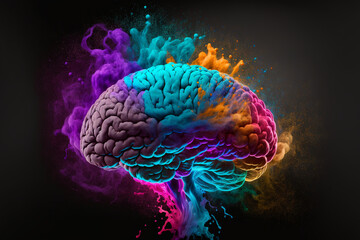 Explosion of cloudy, colorful powder. Freeze motion of color powder exploding, on black background, Concept art of a human brain exploding with knowledge and creativity, generative ai.