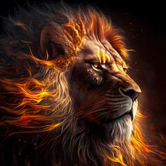 Naklejka premium Strong, brave lion with flames in his mane.