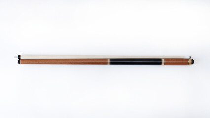 Billiard cues on a white background. Parts of a billiard cue close-up. Live photos of a billiard cue.