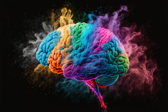Explosion of cloudy, colorful powder. Freeze motion of color powder exploding, on black background, Concept art of a human brain exploding with knowledge and creativity, generative ai.