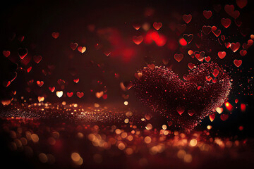 Beautiful red glittering heart and little red hearts, red hearts bokeh background, St. Valentine's Day, Generative AI