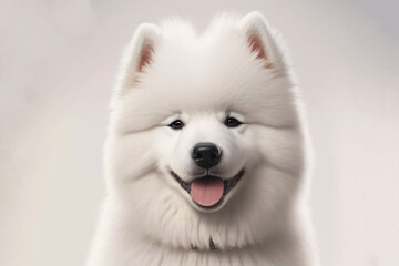 Generative AI illustration of Samoyed puppy looking towards the camera on white background