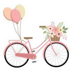Fototapeta premium Romantic spring floral pink bike with colorful balloons. Isolated on white background. Spring retro bicycle. Vector illustration.