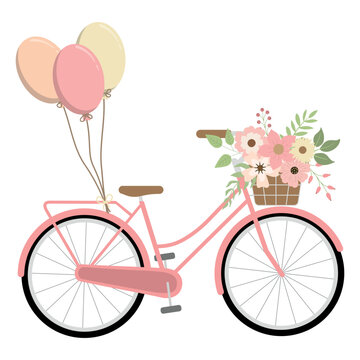 Romantic spring floral pink bike with colorful balloons. Isolated on white background. Spring retro bicycle. Vector illustration.