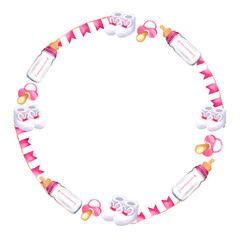 Round frame watercolor isolated elements for a newborn. Little girl: flags, booties, bottle, pacifier. Hand drawn clipart, postcard