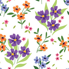 Seamless floral pattern, cute botanical design with rustic motif. Spring flower print with hand drawn wild plants: small flowers on stems, leaves on a white background. Vector ditsy illustration.