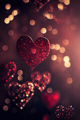 Beautiful red hearts with sequins in the golden bokeh background, St. Valentine's Day, Generative AI