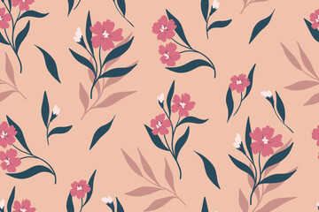 Seamless floral pattern, delicate vintage style ditsy print with hand drawn blooming branches. Abstract botanical design with small flowers, leaves, twigs on a pink background. Vector illustration.
