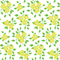 Seamless floral pattern, rustic flower print with small lemon yellow flowers. Cute ditsy design with tiny hand drawn flowers, green leaves, twigs on white background. Vector illustration.