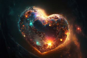 Cosmic heart, nebula, stars, bright glow. A beautiful postcard for St. Valentine's Day. Gen Art