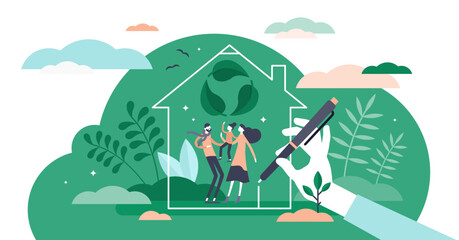 Green home illustration, transparent background. Ecological house flat tiny persons concept. Build property with sustainable, nature friendly construction materials.
