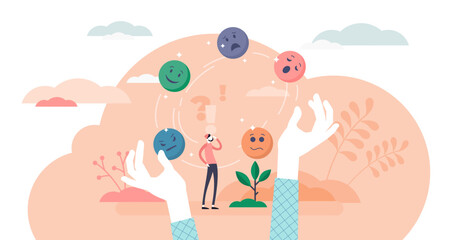 Juggling emotions, flat tiny persons illustration, transparent background. Personal traits and self awareness emotional intelligence. Controlling impulses and mental activity reactions.