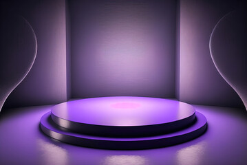 Modern empty stage, cercle purple podium concrete. Generative AI.