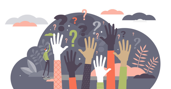 Questions concept, flat tiny person illustration with raised auditory hands, transparent background. Public crowd participants wanting to find out answers. Stylized modern conference scene.