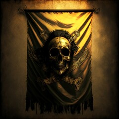 skull, gold, pirate, flag, death, vector, skeleton, illustration, halloween, symbol, grunge, design, sign, tattoo, dead, danger, banner, bones, head, vintage, evil, art, gothic, black, horror, scary