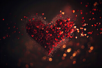 Beautiful red glittering heart of little red hearts, dark bokeh background, St. Valentine's Day, Generative AI