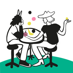 couple sitting in a cafe. a conversation between two friends. two men at a table in a restaurant. An apple in hand and a banana on the table. Conversation between partners