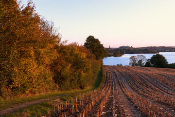 Malerischer Blick auf den Trammer See und Plöner Schloss mit Knick und Feldern im Herbst.