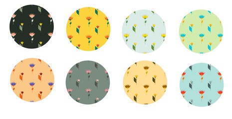 Set of abstract colorful circles with wildflowers
