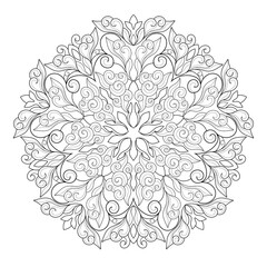 Beautiful mandala with natural and floral patterns on a white isolated background. For coloring book pages.