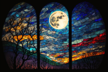 A stained glass window with a moon in the sky, a mosaic. Generative AI.