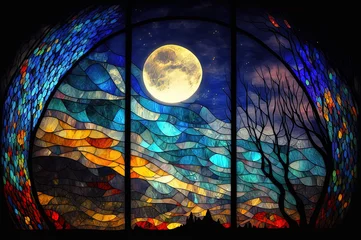 Photo sur Plexiglas Coloré A stained glass window with a moon in the sky, a mosaic. Generative AI.