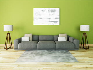 Mock up a spacious living room with a large comfortable sofa and fashionable decorative plaster, 3d rendering.