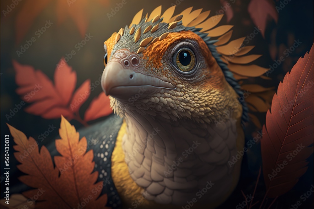 Poster a close up of a bird with leaves on it's head and neck and eyes, with a background of leaves and a y