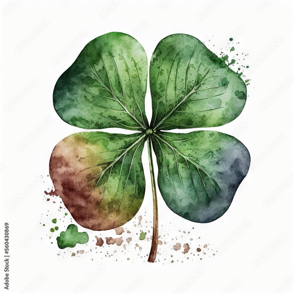 Aufkleber a four leaf clover with watercolor spots on it's back side and a green leaf on the front of the leaf