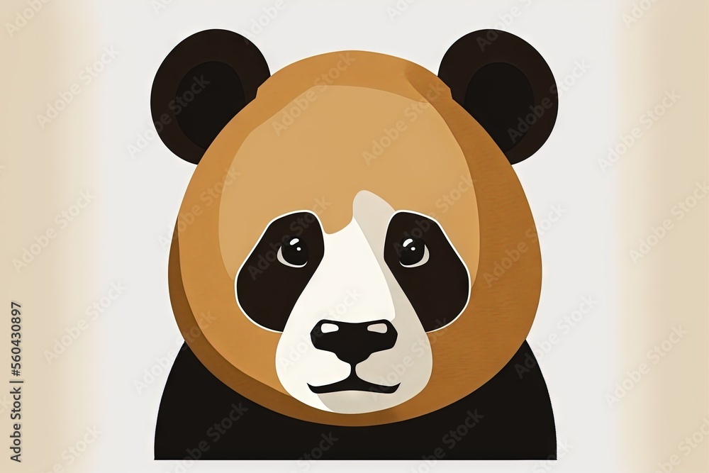 Poster a panda bear with a black and white face and a brown nose and a white background with a brown border