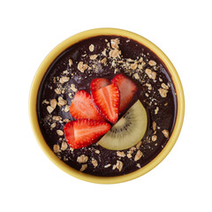 Brazilian typical acai bowl with fruits and muesli isolated over transparent background