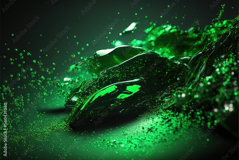 Poster a green computer mouse with water droplets on it's surface and a black background with a green light